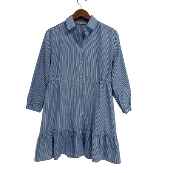 Pink Ripple Blue Striped Button-Up Dress - Picture 1 of 7